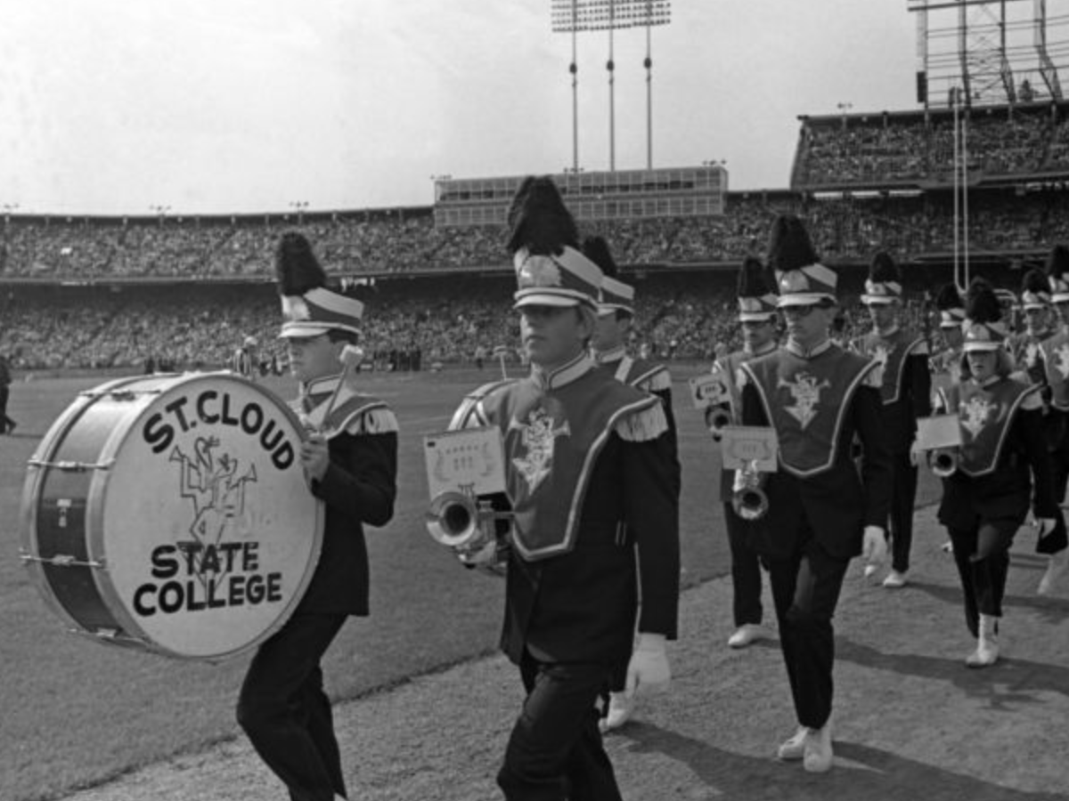 The St. Cloud State College Marching Band performs at Met Stadium, Bloomington, Minnesota