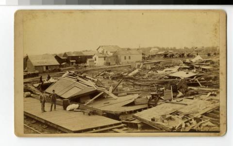 Cyclone of 1886, general view of the devastation from the west, Sauk Rapids, Minnesota