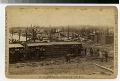 Cyclone of 1886, ruins at Northern Pacific railroad yard, Sauk Rapids, Minnesota