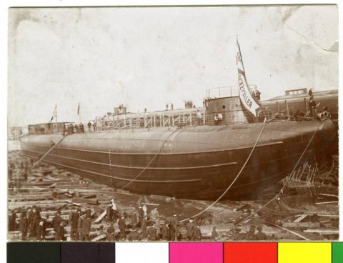 Whaleback "Frank Rockefeller" launch in shipyard, Duluth, Minnesota