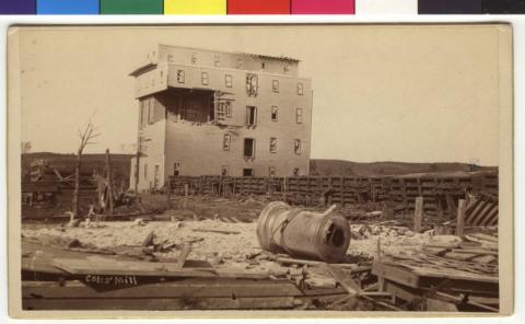 Side view of the damage to Cole's Mill by the 1883 tornado, Rochester, Minnesota