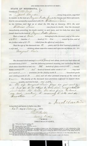 Affidavit regarding William Tims, February 24, 1873, Otter Tail County, Minnesota