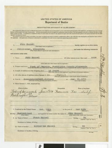 Registration Affidavit of Alien Enemy John Hummel, Stillwater, Minnesota