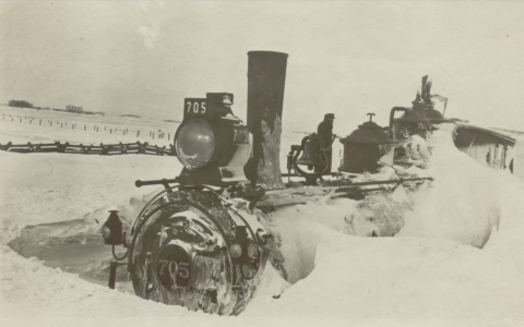 Great Northern engine stuck in snow, Morris, Minnesota
