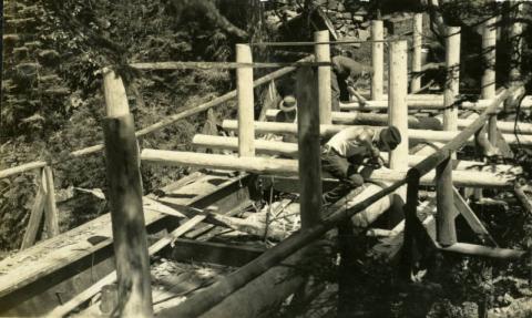 Construction of the Cascade River State Park bridge done by the Spruce Creek Civilian Conservation Corps crew, near Lutsen, Minnesota