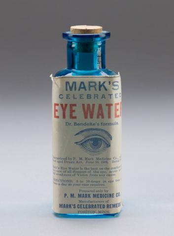 Blue glass bottle with cork stopper for Mark's Celebrated Eye Water from P. M. Mark Medicine Company, Fosston, Minnesota