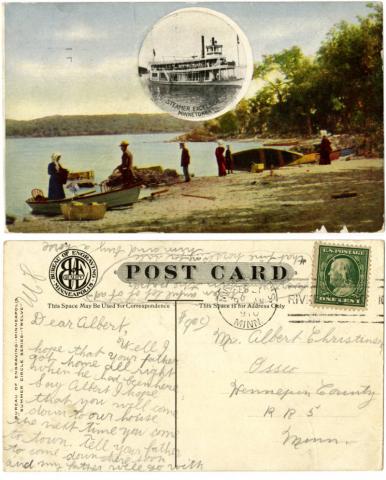 Beach picnic with photo of the steamer "Excelsior," Minnesota