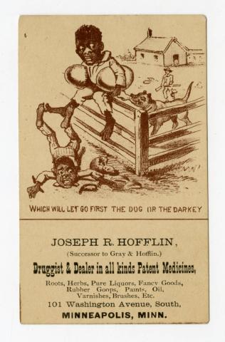 Trade Card for Joseph R. Hofflin, Druggist and Dealer in Patent Medicines featuring the theft of a watermelon, Minneapolis, Minnesota