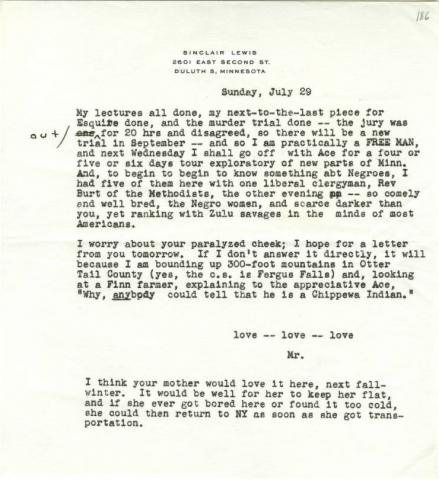 Letter written July 29, 1945 regarding his lecture tour and Minnesota trip