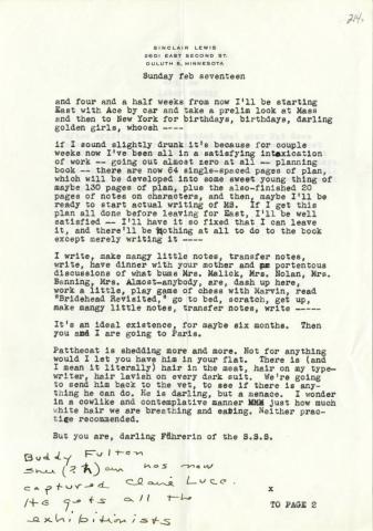 Letter written February 17, 1946 about his plans for his new book and Pat the cat