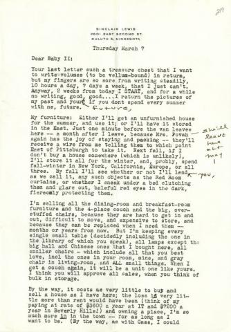 Letter written March 7, 1946 about his furniture, his trip to New York, and Pat the cat