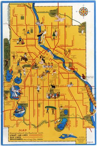1940 Aquatennial map showing streetcar routes, Minneapolis, Minnesota