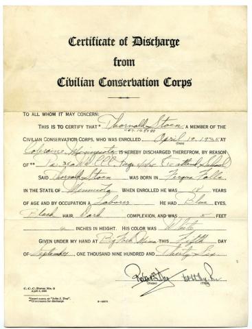 Thorvald Stoen's Certificate of Discharge from the CCC