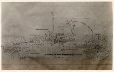 Blueprint of Lincoln Fey's first gasoline motor driven vehicle, 1896