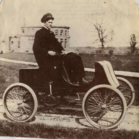 Lincoln Fey driving Car No. 2, Northfield, c. 1897-1898