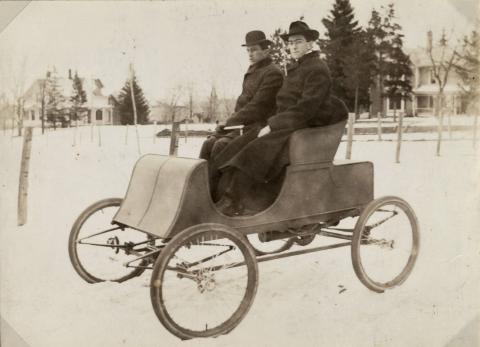 Lincoln and Frank Fey in Car No. 2 during the winter, Northfield, c. 1900