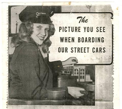 Woman in streetcar driver's uniform and the words "The picture you see when boarding our streetcars"