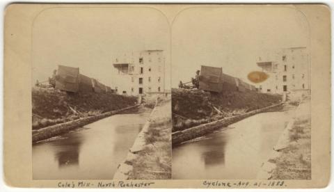 View of Cole's Mill and railroad tracks showing the devastation after the tornado of 1883, Rochester, Minnesota