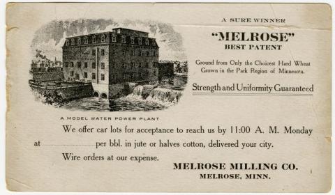 Post card titled "Melrose; Best Patent" with a mill illustration