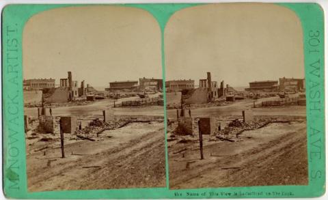 Photograph of crumbled Washburn A Mill and surrounding area