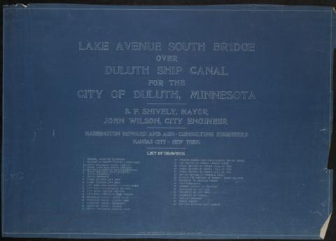 Blue paper titled "Lake Avenue South Bridge over Duluth Ship Canal for the City of Duluth, Minnesota". Underneath is drawing titles within book