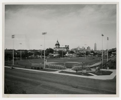 Baseball field with basilica in background