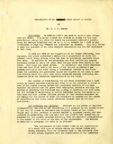 Yellow, typed document by C.A.P. Turner titled "Remodeling of the Ferry Bridge at Duluth"