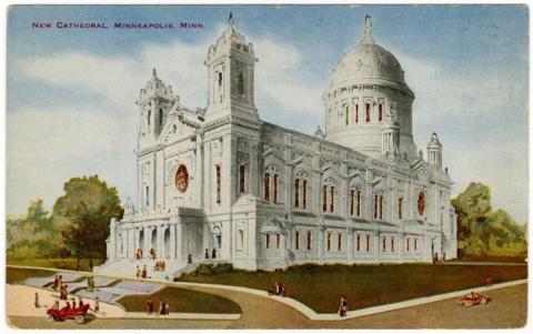 Colorized drawing of people strolling or entering the basilica. Text in left corner says "New Cathedral, Minneapolis, Minn"
