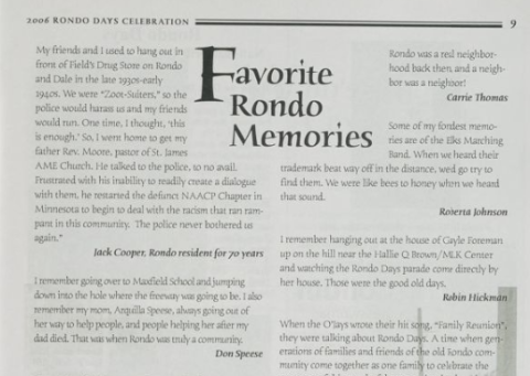 Article about resident's favorite Rondo memories, from Remember Rondo booklet