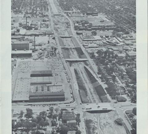 Aerial photo of construction of I-94 looking east in St. Paul