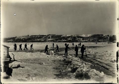 Cutting ice on Big Stone Lake, Big Stone County, Minnesota