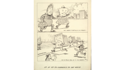 Editorial cartoon about wheat and flour mills