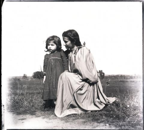 Woman and child on prairie, Springfield, Minnesota