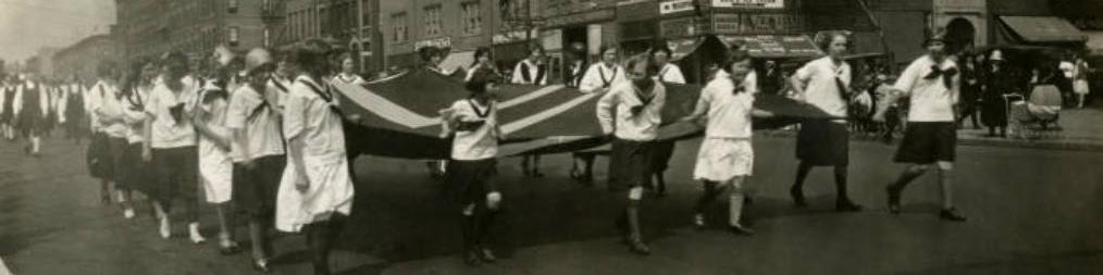 Children holding the Norwegian flag in Norse-American Centennial parade, Leif Ericson Square, New York, New York