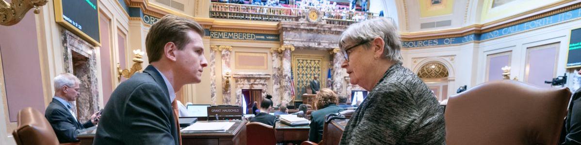 Grant Hauschild and Ann Rest on the Minnesota Senate floor