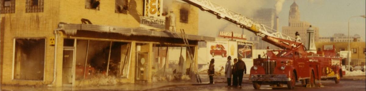 Extinguishing the fire at Fire Safety Corporation, Rochester, Minnesota