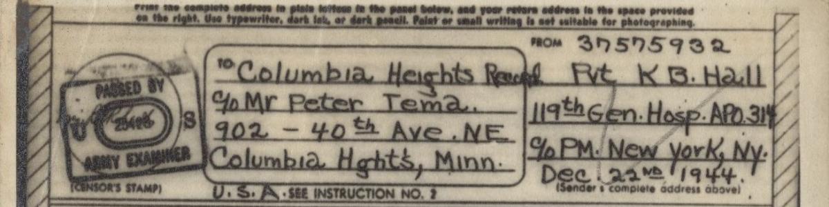 V-Mail Letter to Peter Tema, dated December 22, 1944 from Private Kenneth B. Hall, London, England