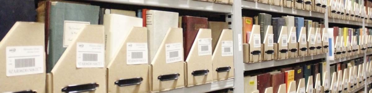Closeup of high density storage in the Minnesota Library Access Center (MLAC), Minneapolis, Minnesota